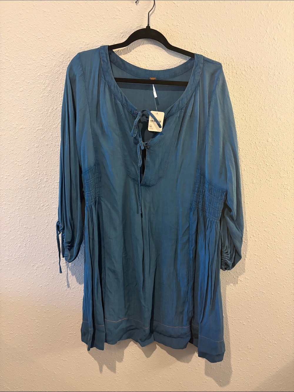 Free People Gypsy Boho Romantics Bohemia Peasant Blouse Dress Rayon Blue
